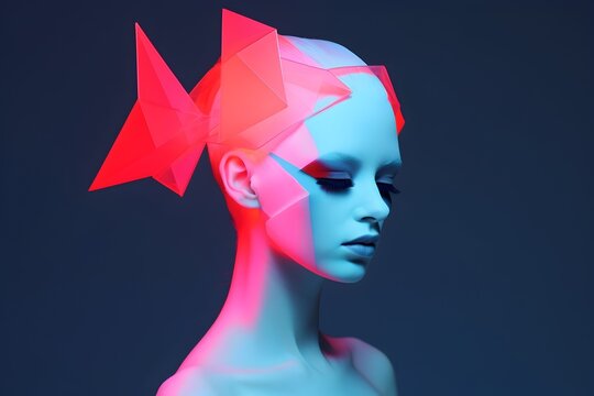 Futuristic Neon Origami Headpiece on an Albino Woman
