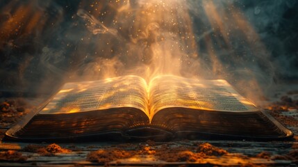 Illuminated Bible surrounded by light and flames on a dark background