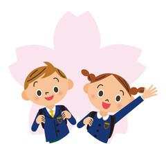 桜のシルエットと入学する子供達