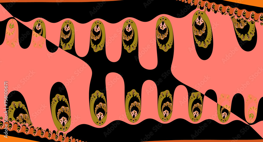 Poster overlapping peach and gold flower motif on a black coloured background a smooth curved design in art