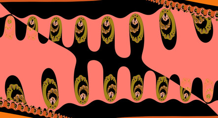 overlapping peach and gold flower motif on a black coloured background a smooth curved design in Art Deco style