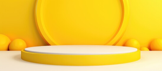 Abstract circle yellow background and sky for product display, white stage mockup on wall, platform for promotion, spring and summer, geometric objects