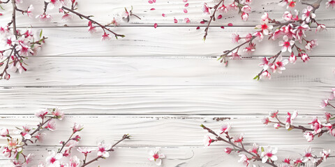  pink flowers  on white wooden background, spring  flower background. empty space for text