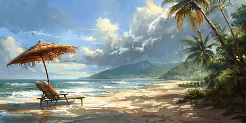 A serene tropical beach setting with a beach umbrella and a cozy chair, offering shade and comfort for a leisurely day by the sea, surrounded by palm trees and gentle waves lapping the shore. - obrazy, fototapety, plakaty