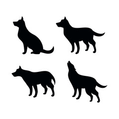 Dog side view black silhouette icon set vector. Dog from side view silhouette icon set vector isolated on a white background. Dogs standing, sitting and howling black silhouettes illustration