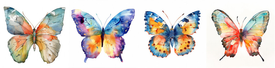 Set of four vibrant watercolor butterfly illustrations on white background, suitable for spring-themed design elements or ecological concepts, with ample space for text