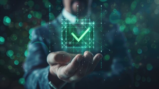 person with a screen, Green check mark for compliance, certification or audit concept with a business man holding a digital hologram of green compliance tick symbol