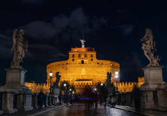 Night view of the Castel Sant'Angelo fortress and the Sant'Angelo bridge