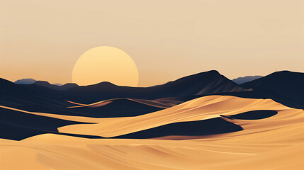 
A minimalist desert landscape illustration captures the serene beauty of sand dunes at sunset with a large sun hanging low in the sky.