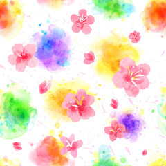 Rainbow watercolor splash and sakura pattern. Easily editable with grouped elements, swatch included
