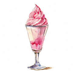 Watercolor illustration of a strawberry sundae in a classic glass cup, with space for text, ideal for restaurant menus or summer dessert promotions