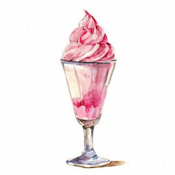 Watercolor illustration of a strawberry sundae in a classic glass cup, with space for text, ideal for restaurant menus or summer dessert promotions