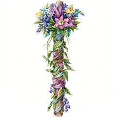 Watercolor painting of a Maypole with a vibrant arrangement of flowers and ribbons, ideal as a festive background for spring celebrations or May Day events with space for text - obrazy, fototapety, plakaty