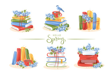 Big set of reading elements for  bookshop, library, bookstore or education. Books, cup coffee with spring flowers. Vector illustration on white background