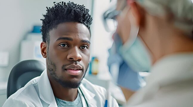 handsome african male doctor is looking at the camera