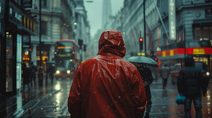 behind of person with rain suit walking in the city
