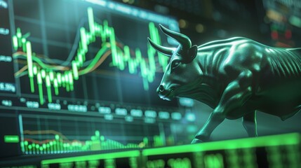 Metallic bull against stock market charts background, reflecting strong financial growth and bullish sentiment in trading, concept of investment strength and market confidence