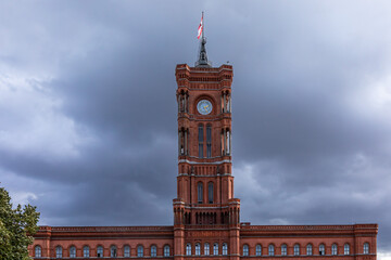 September 2022 -Rotes Rathaus Neo-Renaissance red brick building hosts regular exhibits & events. in Berlin, the capital of Germany, Eu - obrazy, fototapety, plakaty