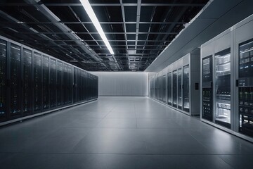 long exposure server room with a lot of server rack with empty background space