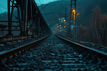 Obraz premium Desolate Railroad Track at Night With Bridge and Glowing Lights in the Sky