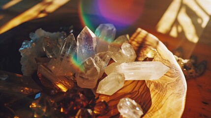 Crystals in Wooden Bowl for Mindfulness Meditation