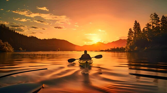 man riding a rowboat on a river with a beautiful sunset view