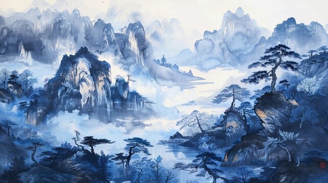 Serene chinese landscape art: blue artistic conception illustrating tranquility and harmony