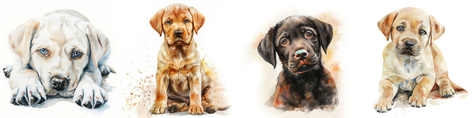 Set of four adorable watercolor puppy portraits isolated on white background, perfect for pet-related designs and space for text