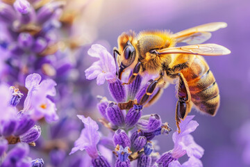 Macro shot of a honeybee on lavender, highlighting the importance of pollination