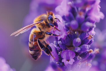 Macro shot of a honeybee on lavender, highlighting the importance of pollination