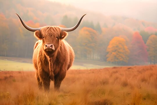 scottish highland cattle against a beautiful backdrop of trees