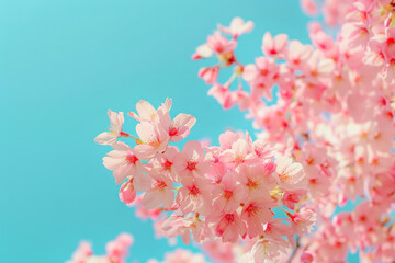 Cherry blossoms in full bloom with delicate petals against a bright blue sky