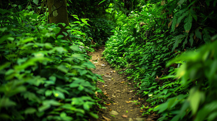 Fototapeta premium Lush Greenery Path in Forest Inviting Exploration and Adventure in Natural Surroundings