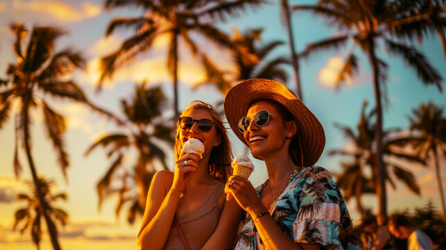 Joyful friends enjoying ice cream at a tropical beach during a vibrant sunset, embodying leisure and friendship
