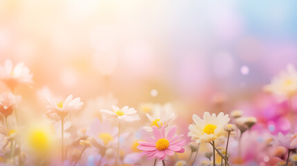 summer flowers on Blurred background with soft pastel colors, bokeh effect, bubbles and sparkles