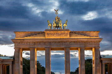 September 2022 -Brandenburg Gat 18th-century gate & landmark with Doric columns and classical goddess statue in Berlin, the capital of Germany, Eu