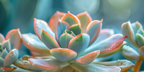 Fototapeta premium Close up of a succulent plant with water droplets on the petals Nature's Beauty Captured in a Dewy Succulent Portrait