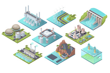 Set of various energy stations. Collection of nuclear, geothermal, hydroelectric, biomass, hydrogen, wave and tidal power. Isolated on white background. Isometric vector illustraiton