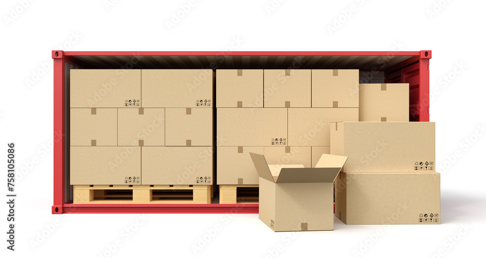 Poster 3d rendering of red open side shipping container full of cardboard packages isolated on white backgr