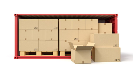 3d rendering of red open side shipping container full of cardboard packages isolated on white background.