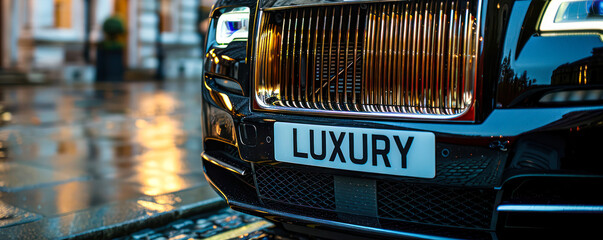 Close-up of a high-end car grille with LUXURY license plate, showcasing opulence, elegance, and the lavish lifestyle associated with premium automobiles - obrazy, fototapety, plakaty
