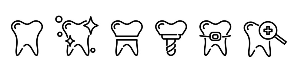 Tooth braces icon. Dental treatment set for web and mobile app. Tooth care symbols. Teeth implant sing. Oral diagnostic icon. Oral hygiene symbol. Orthodontic pictograms.