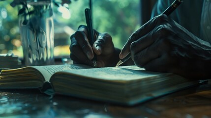 Captivating Image of a Person Writing Thoughtfully in a Notebook by Dim Light