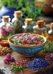 Bowl filled with herbal tea on a wooden table, surrounded by various herbs.