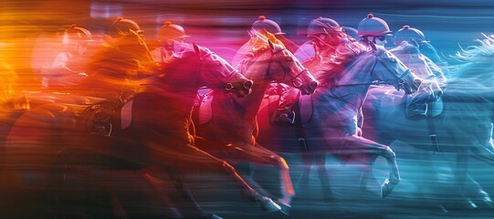 Jockeys sprinting on horses, perspective view flat style colorful illustration. - obrazy, fototapety, plakaty