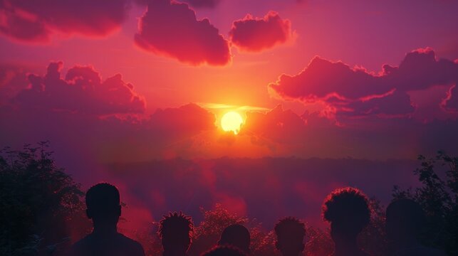 Stunning Sunset View Amidst Spectators Silhouetted Against Dazzling Sky
