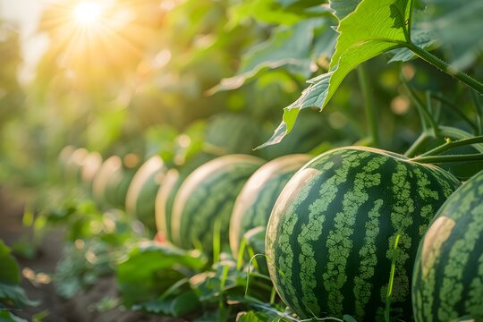 Beautiful array of watermelons in the garden with warm sunlight