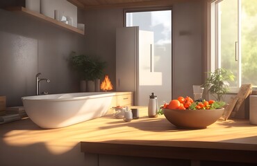 Fototapeta na wymiar Scandinavian Rustic Farmhouse Interior Design: Modern Bathroom design.
