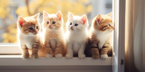 Curious kittens sitting by the window surrounded by pink and yellow flowers,HD wallpaper