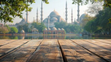 The empty wooden table top with blurred background of mosque 